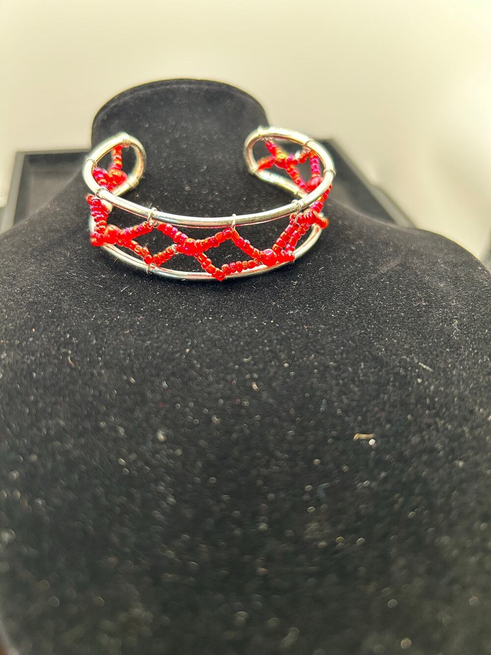 Handmade Silver Wire Wrapped Cuff Bracelet Red Coral Color Glass Beads Boho